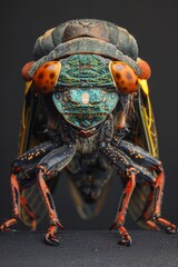 Poster - A close up of a cicada with red eyes and orange wings, AI