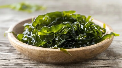 Wall Mural - Laminaria konbu alga Kelp Seaweed in wood wooden plate Isolated. Generative Ai