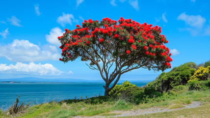 blooming pohutukawa tree on the coast against blue sky on a bright sunny day. iconic new zealand's n