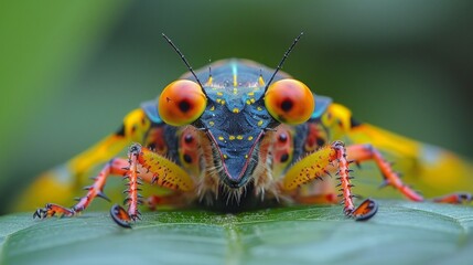 Sticker - A close up of a colorful insect sitting on top of green leaf, AI