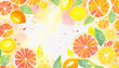© Marianne Campolongo - Orange, yellow and green painted watercolor citrus fruit summer food border background frame for menu, stationary, invite, backdrop, wallpaper, with colorful sliced lemons and oranges.