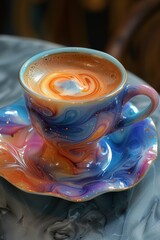 Sticker - A cup of coffee on a saucer with swirls and colors, AI