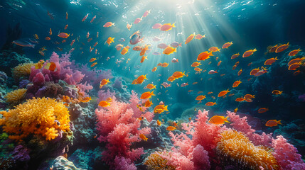 Wall Mural - Beautiful underwater world with corals and tropical fish in the coral reef