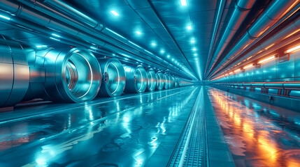 Poster - A futuristic corridor with blue lights and reflections