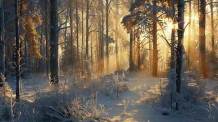 Wall Mural - The wintery forest is bathed in the morning sun s warm rays illuminating the frozen trees