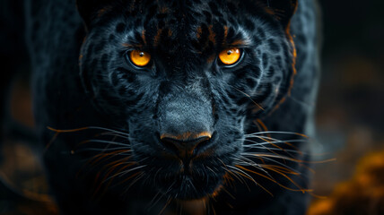 closeup of a black panther with bright yellow eyes