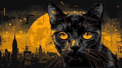 Wall Mural - A black cat with yellow eyes in front of a cityscape, AI