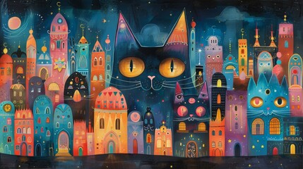 Sticker - A painting of a cat with yellow eyes looking at the city, AI