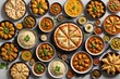 © ThomasLENNE - Desi, Indian traditional food set, top view. pizza, hummus, biryani, chicken curry, momos, tikka, korma, samosas. Food collection set isolated on white background. Ramadan iftar food collection set.
