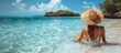 Woman in white bikini and straw hat enjoying tropical sea. Back view travel photography. Luxury travel and summer holiday concept. Design for travel brochure, poster. Banner with copy space