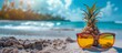 Pineapple wearing sunglasses on sandy beach. Creative summer concept shot. Vacation and fun concept. Design for summer-themed poster, greeting card. Banner with copy space