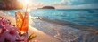 Iced tea with lemon slice on sandy beach at sunset. Beverage and summer concept photography with copy space. Design for beverage advertising, poster. Banner with copy space