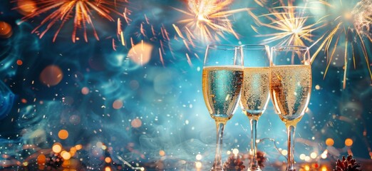 Wall Mural - New Year’s Eve toast background with copy space, blue color theme, fireworks in the sky, champagne glasses clinking together Generative AI