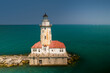 Chicago Harbor Light. Aerial view of the Chicago harbor lighthouse.
