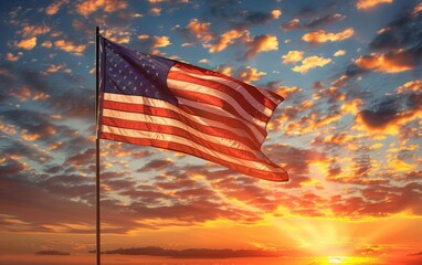 Sticker - American flag waving majestically during a vibrant sunset.