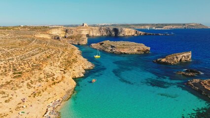 Wall Mural - Aerial drone view of Comino island, famous Blue lagoon. Malta