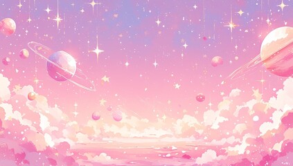 Poster - Cute cartoon watercolor background with planets and stars, pink purple sky