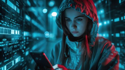 Canvas Print - Protect Your Smartphone from Cyber Attacks by a Female Hacker Breaching Internet Accounts and Stealing Personal Information Enhance Shielding and Network Safety Measures