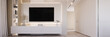 Modern white apartment living room interior. Home TV wall design. 3D Rendering, 3D Illustration	