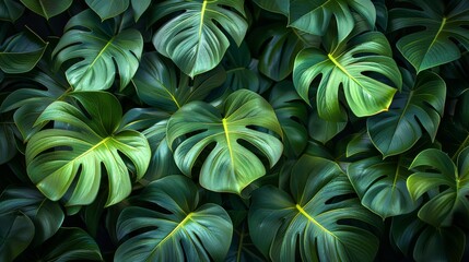 Wall Mural - The background of the image is dark green foliage with a texture of green tropical leaves