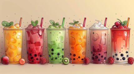 This is a seamless bubble milk tea background, boba tea, Taiwanese milk tea with a cute and kawaii character design doodle pattern.