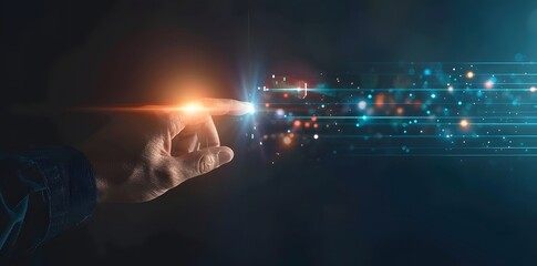 Poster - a hand is pointing at a glowing light in the sky. the light is surrounded by a colorful blur of ligh