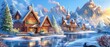 artful illustration, cute whimsical town in snow forest , oil painting style, Generative Ai
