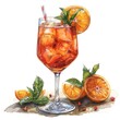 Watercolor Aperol Spritz cocktail illustration with orange, isolated on white background	
