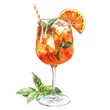 Watercolor Aperol Spritz cocktail illustration with orange, isolated on white background	
