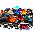 A collection of colorful gemstones and rocks, scattered across the surface with some larger stones placed on top.