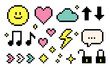 Set of pixel icons. Smile, heart, star, sparkle, cloud, arrow, speech bubble in the mood of 90s aesthetics. Vector 8-bit retro style illustration. Video game style