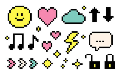 Poster - Set of pixel icons. Smile, heart, star, sparkle, cloud, arrow, speech bubble in the mood of 90s aesthetics. Vector 8-bit retro style illustration. Video game style
