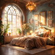 A beautifully decorated bedroom with a large bed, a chandelier, and various pieces of furniture and decorations.