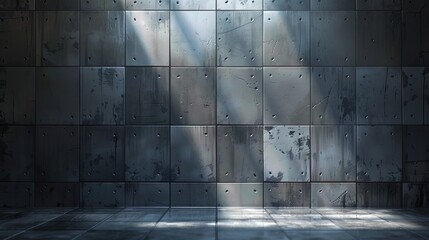 Wall Mural - A wall with a lot of holes and a light shining on it. The wall is made of metal and has a lot of texture