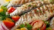 Fillet herring with vegetables in a macro view