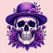 A stylized illustration of a skull wearing a purple hat, surrounded by purple flowers.