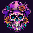 A stylized skull wearing a purple cowboy hat, adorned with flowers and leaves, set against a dark background.