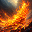 A dramatic scene of a large, fiery explosion or eruption occurring on a rocky surface, with the flames consuming the landscape and creating a sense of chaos and destruction.
