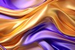 3d silk luxury texture background. Silky cloth luxury fluid wave banner. Fluid iridescent holographic neon curved wave in motion gold and purple background.
