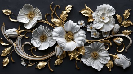 3D floral white and gold design on black background in the style of unknown artist