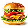A close-up of a delicious-looking hamburger with a sesame seed bun, topped with lettuce, tomato, and cheese.