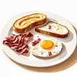A white plate with various breakfast foods, including bacon, eggs, and bread.