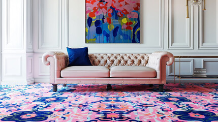 Wall Mural - Patterned carpet in pink and blue living room interior with sofa against white wall with painting