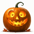 A large, carved Halloween pumpkin with a big smile and glowing eyes, sitting on a surface with fallen leaves around it.