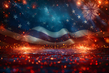 Wall Mural - American Flag colors and fireworks mockup background with copy space . 4 July independence day concept celebration