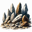A collection of rock formations, with varying shades of brown and gray, arranged in a somewhat scattered manner on the ground.