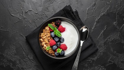 Wall Mural - healthy breakfast bowl with yogurt fresh berries and crunchy granola on a stylish black background top view