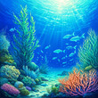A vibrant underwater scene, with various types of coral and marine life, including fish, set against the backdrop of the ocean floor.