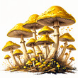 A vibrant illustration of a group of yellow mushrooms with gills, growing from the ground and surrounded by a few small plants.
