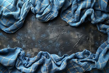 Poster - Elegant blue checked cloth gracefully draped over a dark textured surface adding a touch of pattern and color